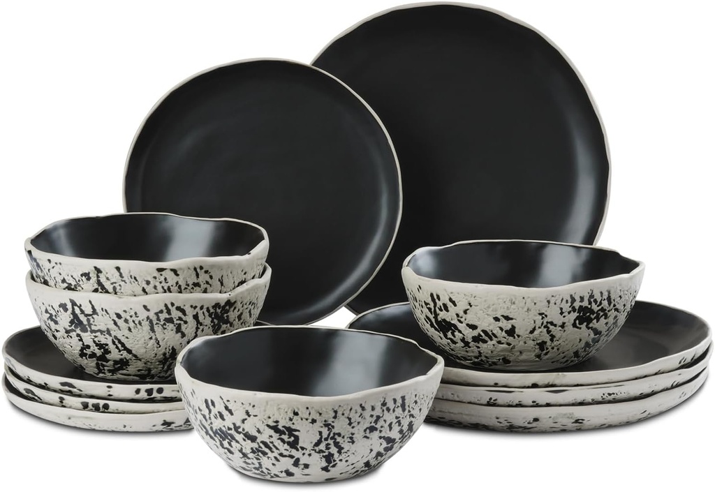 12pcs Dinnerware Set Service for 4, Handmade, Stoneware,Ceramic, Dish Set, Plates and Bowls set, Dinner Set, Reactive Glazed, Microwave and Dishwasher Safe (MATTE BLACK)