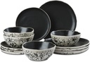 12pcs Dinnerware Set Service for 4, Handmade, Stoneware,Ceramic, Dish Set, Plates and Bowls set, Dinner Set, Reactive Glazed, Microwave and Dishwasher Safe (MATTE BLACK)