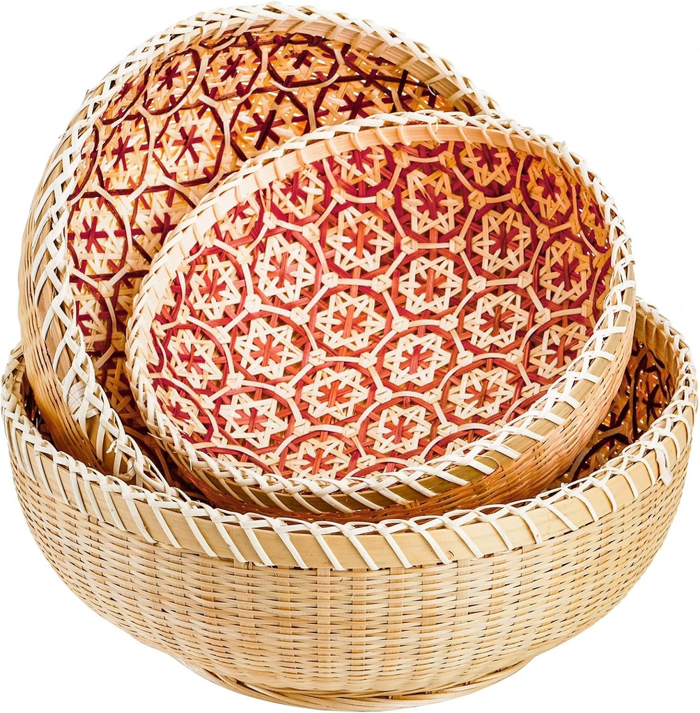 Elsjoy Set of 3 Round Wicker Fruit Baskets, Kitchen Wicker Woven Bread Basket Stackable Rattan Serving Basket Set for Home Decor