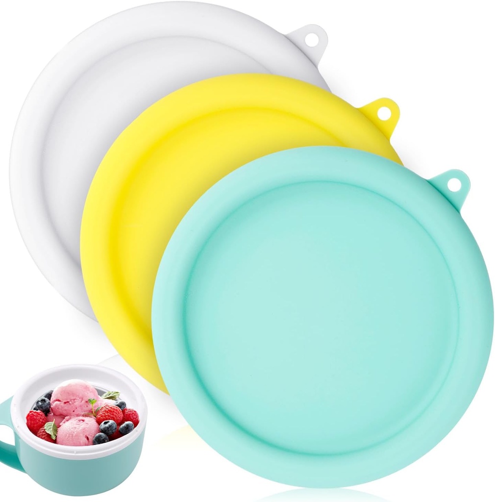 3pcs Silicone Lid for Dash My Mug Ice Cream Maker Machine, BPA Free Bowl Covers Reusable Ice Cream Maker Storage Lid Replacement for Dash Ice Cream Maker Mug Accessories (Green, Yellow, White)