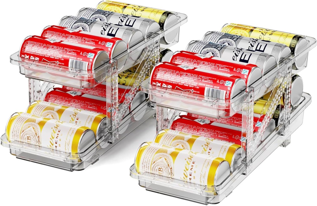 Drink Organizer for Fridge Soda Holder for Refrigerator Can Dispenser,Adjustable Width Can Holders for Fridge Suitable for Storage Cabinet and Pantry Clear (2 Pack)