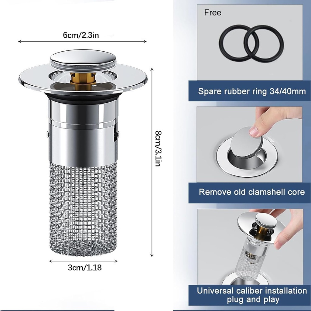 Bathroom Sink Drain Strainer, Pop Up Sink Drain Filter with Removable Stainless Steel Filter Basket Hair Catcher, Suitable for washbasins, bathroom spouts (2-pcs)