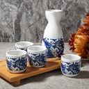 Japanese Sake Set, 1 Tokkuri Bottle & 4 Ochoko Cups with a Wooden Tray, Ceramic Sake Set Microwave and Dishwasher Safe