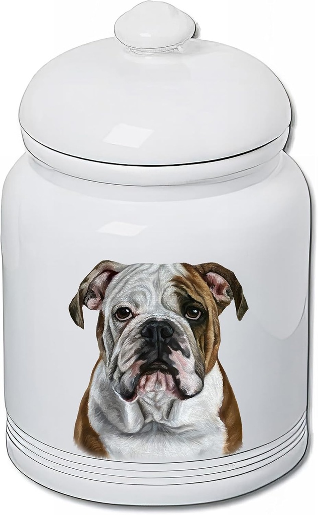 Best of Breed Bulldog Dog and Cat Ceramic Treat Jar 9" Tall Air Tight Seal All White..