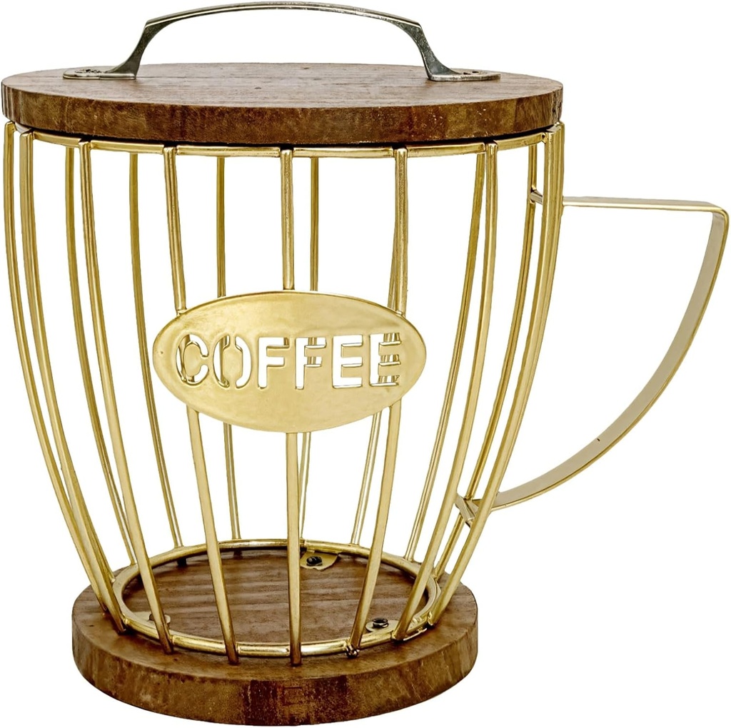 Gold Coffee Pod Holder with Lid, Large Capacity, Strong Iron Frame, Stylish Storage Basket with Coffee Inscription, Ideal for Kitchen and Coffee Station