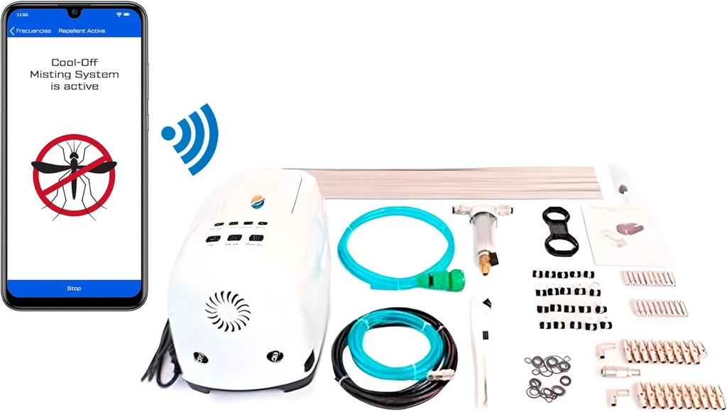 60’ High-Pressure Mist Cooling System Kit with Premium Edition Remote Pump W/App Control for Outdoor Usage – (0.4 GPM, 30 Nozzles) (Black - 1/4" Nylon Tubing (100ft))