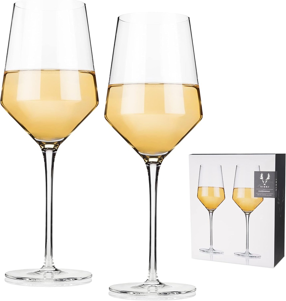 Viski Raye Crystal Angled Chardonnay Glasses, Sleek and Modern Design White Wine Glasses Set, Elegant Glassware for Wedding Gifts, Anniversary, Birthday Gifts, Home Bar Essentials, 13 oz, Set of 2