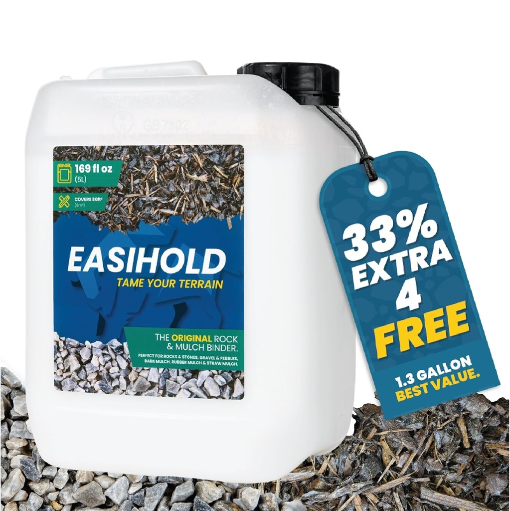 Easihold Rock Glue 1.3 Gallon – Gravel Binder for Pea Gravel & Stones. Long-Lasting Mulch Glue for Landscaping – Non-Toxic, Ready-to-Use Gravel Lockdown for Paths, Patios & Garden Borders