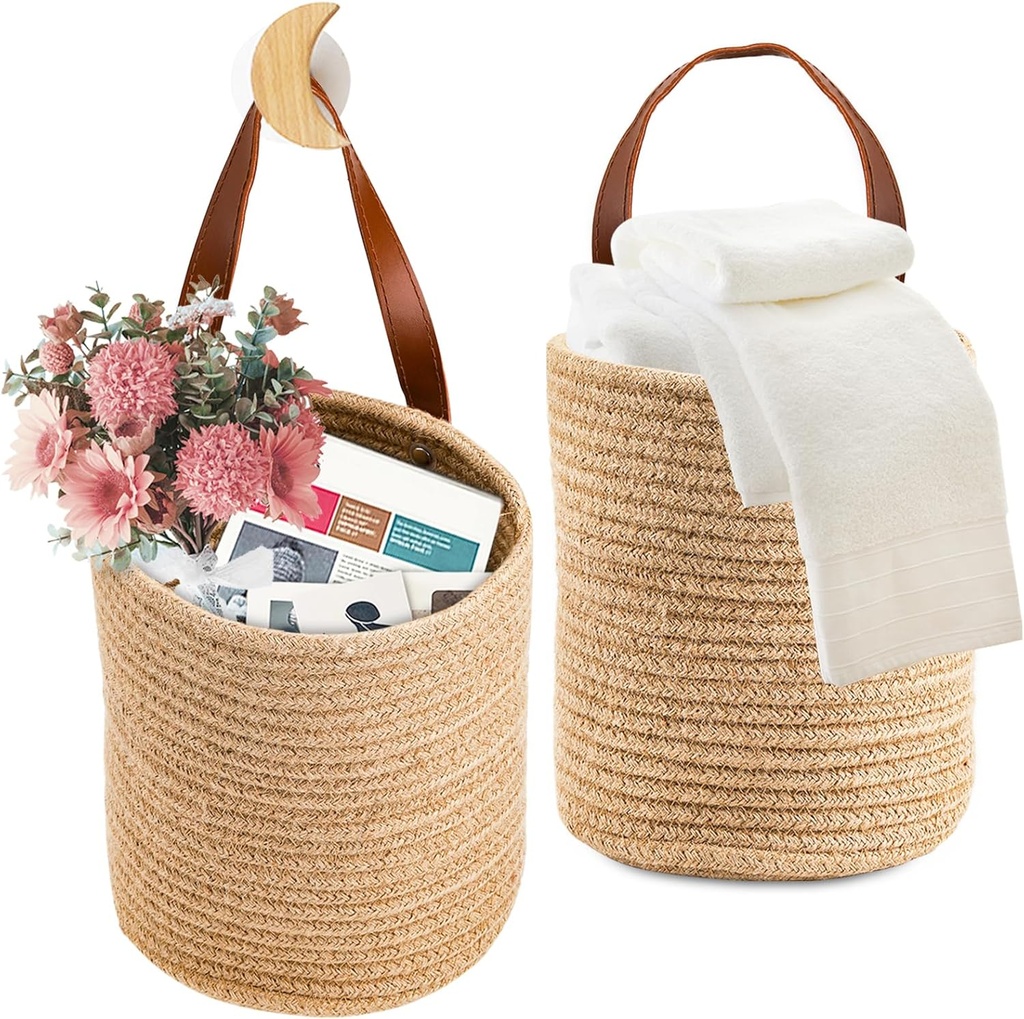 YOUEON Set of 2 Jute Hanging Basket 7.8" x 6.7", Small Wall Hanging Planter Baskets, Natural Jute Woven Storage Basket for Flower Plants Towels Sunglasses Wallet Keys, Boho Decor