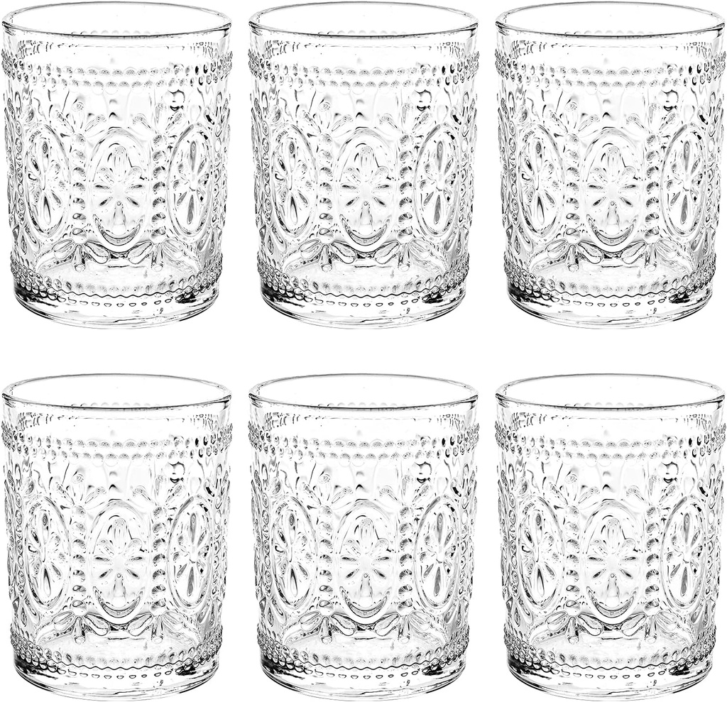 Bekith 6 Pack Drinking Glasses, 9.5 oz Romantic Water Glasses Tumblers, Heavy Duty Vintage Glassware Set for Whisky, Juice, Beverages, Beer, Cocktail