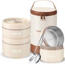 Dandat 3 Pcs Portable Insulated Lunch Container Set for Adult, Stackable Stainless Steel Bento Box for Hot Food with Insulated Lunch Bag Unisex 3 Separate Thermal Food Container(Beige)