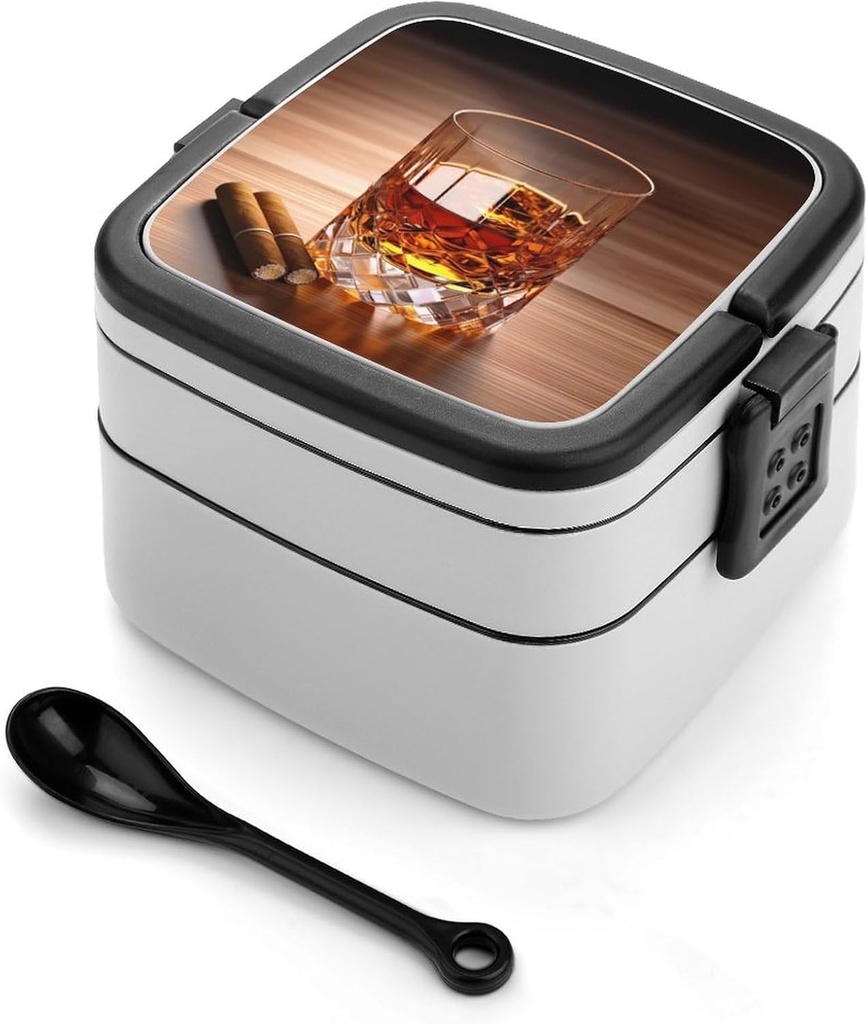 Brown Liquor In Cup Bento Box Adult Lunch Box All-in-One Lunch Containers with Removable Compartments Double Layer Bento Lunch Box with Spoon And Handle Stackable Lunchbox