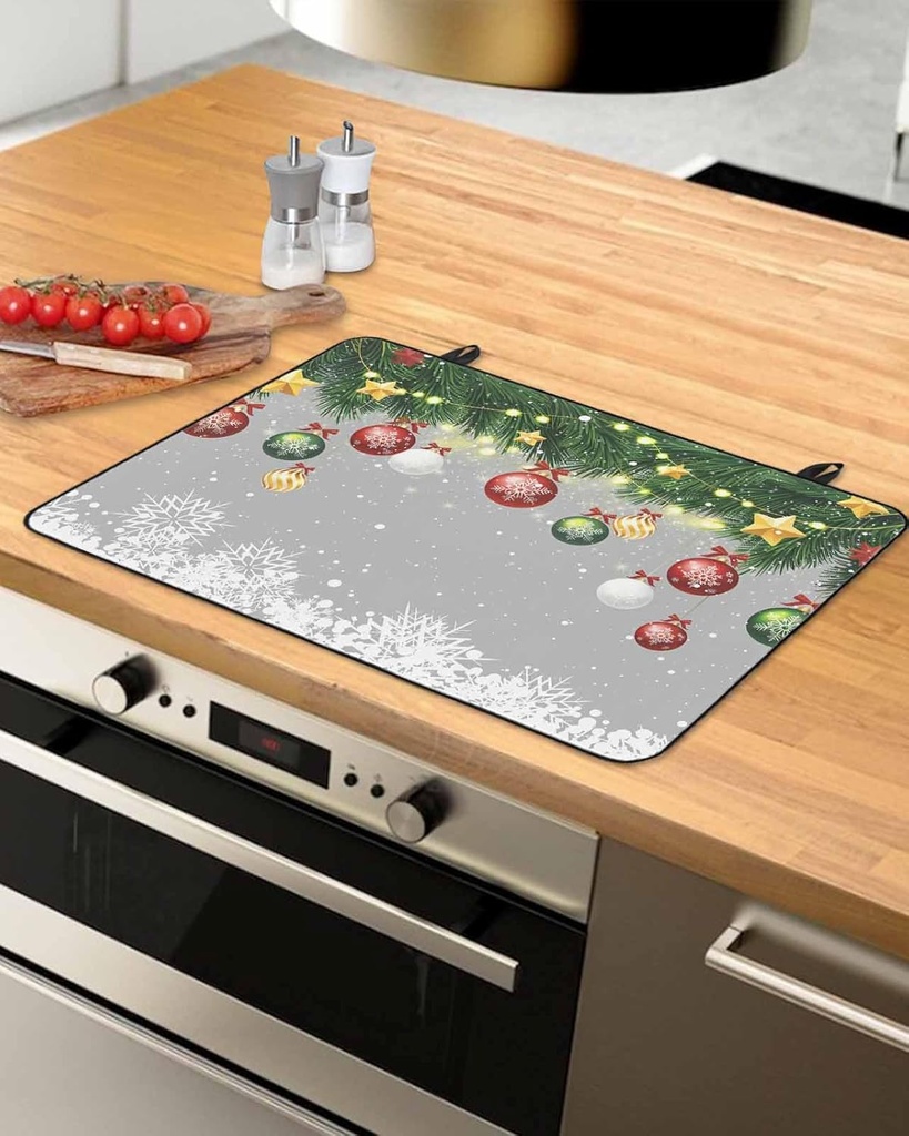 Christmas Countertop Burners Protection Mats for Kitchen, Snowflakes Light Balls Pine Trees Gray Rubber Stove Top Cover Mat, Heat Proof Mats Cooktop Cover for Counter Dish Drying Mat, 31"x24"