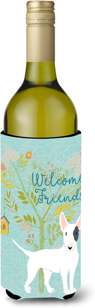 Caroline's Treasures BB7607LITERK Welcome Friends White Patched Bull Terrier Wine Bottle Hugger Bottle Cooler Sleeve Hugger Machine Washable Collapsible Insulator Beverage Insulated Holder