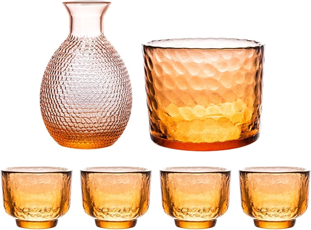 Glass Sake Set Japanese, Sake Pot Sake Cup Transparent Modern Used for Home Party and Great Gifts 4 Sake Cups +1Sake Pot + 1Vessel Cup for Heat Preservation (Orange A)