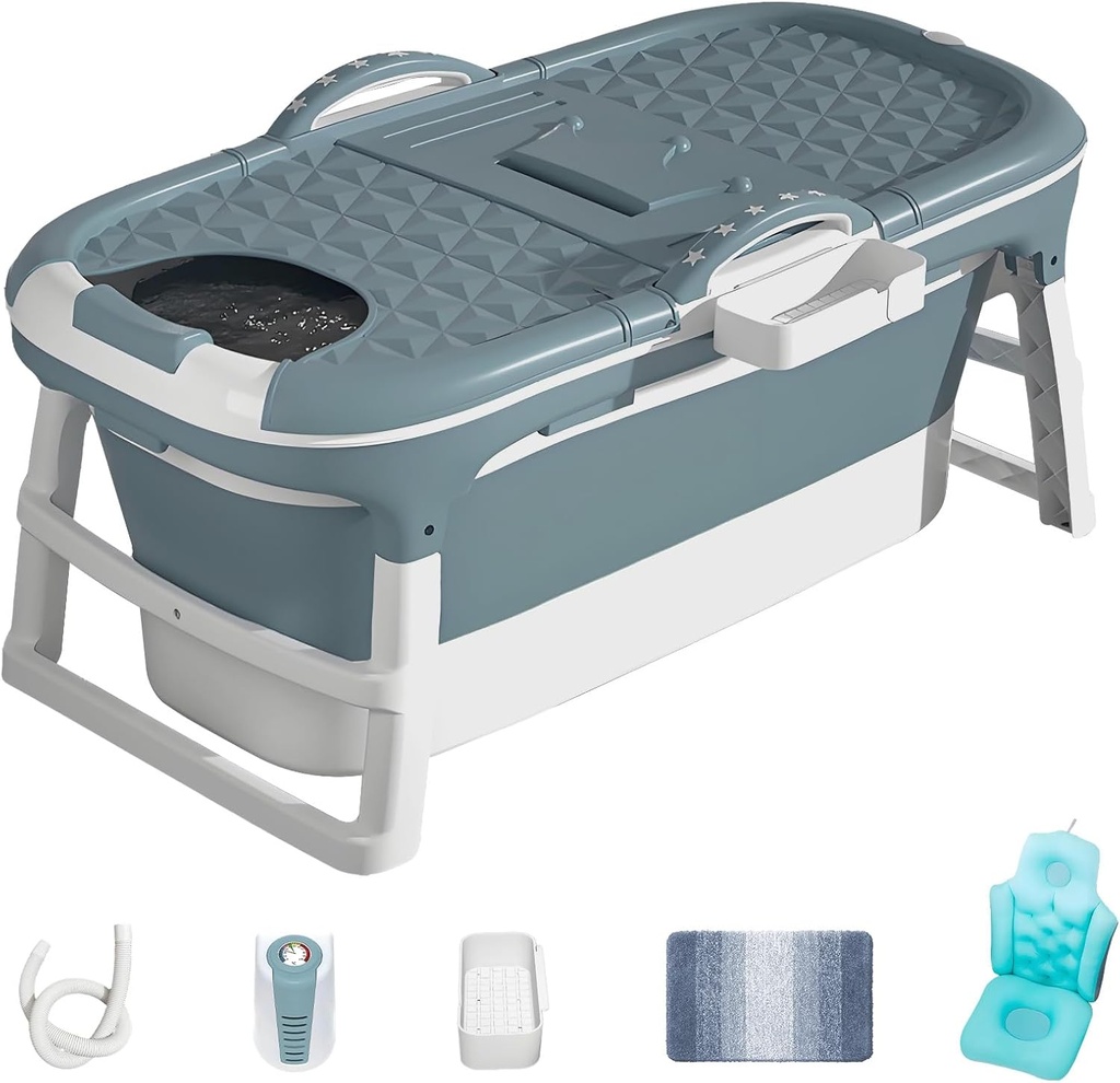 Portable Bathtub with Thermometer,59 Inch Foldable Bathtub for Adults,Soaking Bath Tub with Removable Cushion,Non-Slip Carpet and Cover,Collapsible Tub for Hot Bath, Ice Bath (Blue, 59IN)