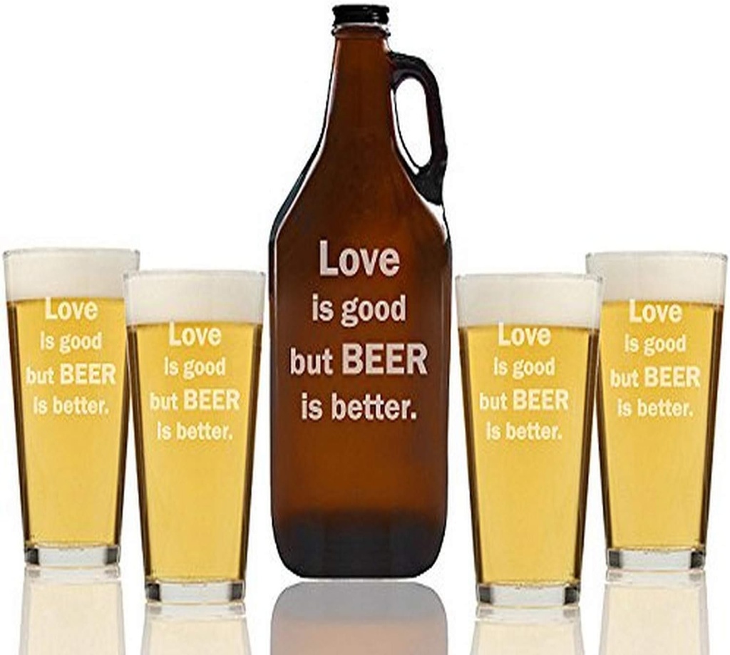 "love Is Good But Beer Is Better" Beer Amber Growler & pint Glasses, Set of 5