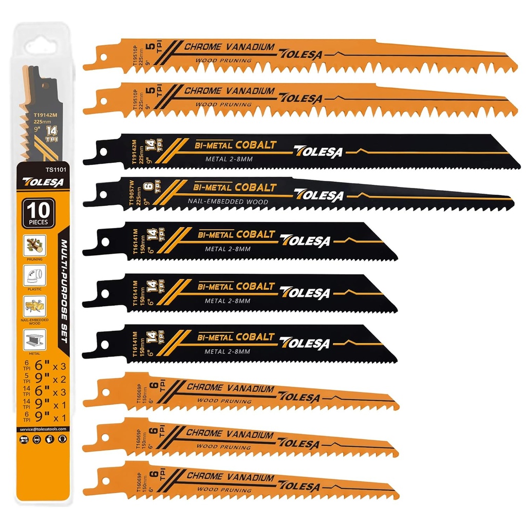 TOLESA 10 Pack Reciprocating Saw Blade Set, Premium 6 to 9 Inch Wood & Metal Cutting Pruner Saw Blades with Storage Box