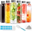 Eathtek Glass Bottles 17oz/500ml 6 Pack with Stainless Caps, Reusable Water Bottles for Milk Juicing, Clear Glass Drinking Bottles, Cleaning Brush & Ice Cube Tray Included
