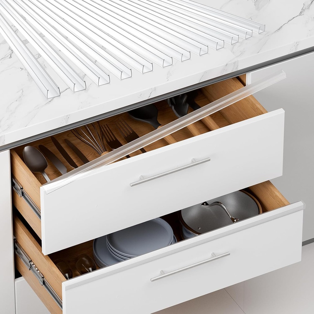 Cabinet Protector Edge Guard (Pack of 12), 24" Clear PVC Cabinet Edge Protectors for 3/4" Thick Kitchen Cabinets Doors – Slip-On No-Tool Sliding Installation