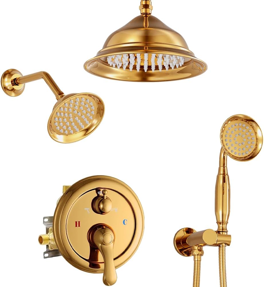 AYIVG Polished Gold Ceiling Mounted 3-Function Shower Faucet Set with Rainfall Dual Shower Head and High Pressure Handheld Spray Antique Brass Bathtub Faucet System
