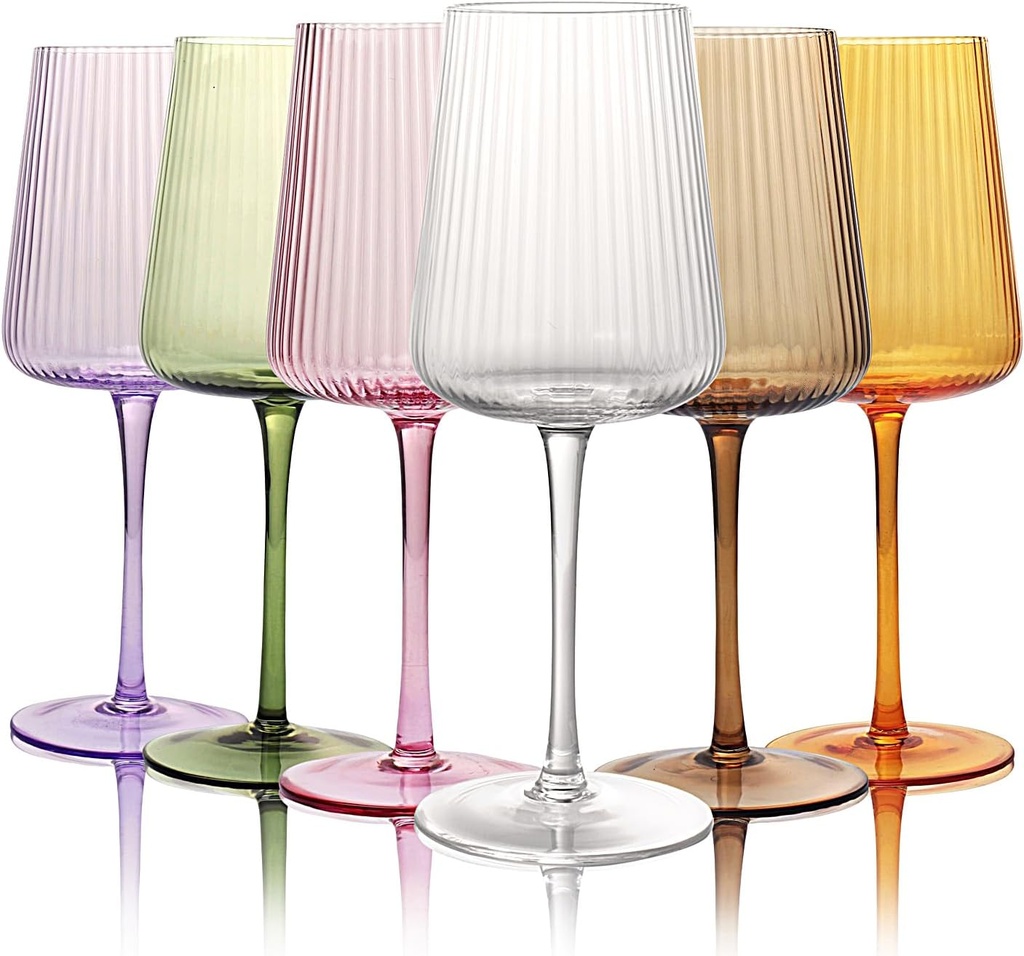 Hand Blown Ribbed Wine Glasses with stem, Lead-Free Crystal Glasses, Luxury Gift, Set of 6, Unique, 18oz Premium Wine Goblet, Large capacity, Fluted Design (6pcs mixed colored)
