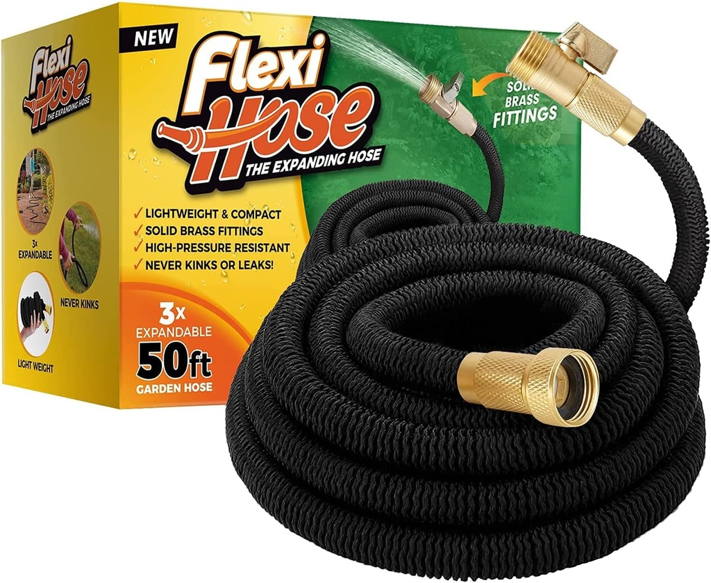 Flexi Hose Lightweight Expandable Garden Hose, 50FT - Retractable Garden Hose, Water Hose - No-Kink Flexibility, 3/4 Inch Solid Brass Fittings and Double Latex Core