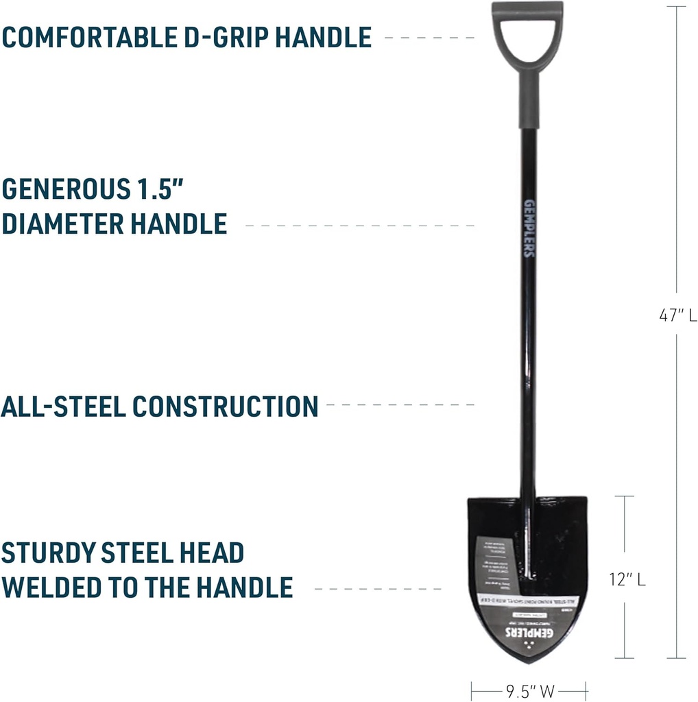 Gemplers All-Steel Roundpoint Shovel with D-Grip, Digging and Landscaping Shovel, Durable and Comfortable