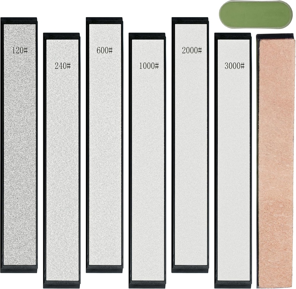 CWOVRS Diamond Sharpening Stones Kit, 6 PCS Diamond Whetstones with ABS Base- 120#, 240#, 600#, 1000#, 2000#, 3000#, 1 Leather Strop, 1 Polishing Paste for Fix-Angled Knife Sharpeners