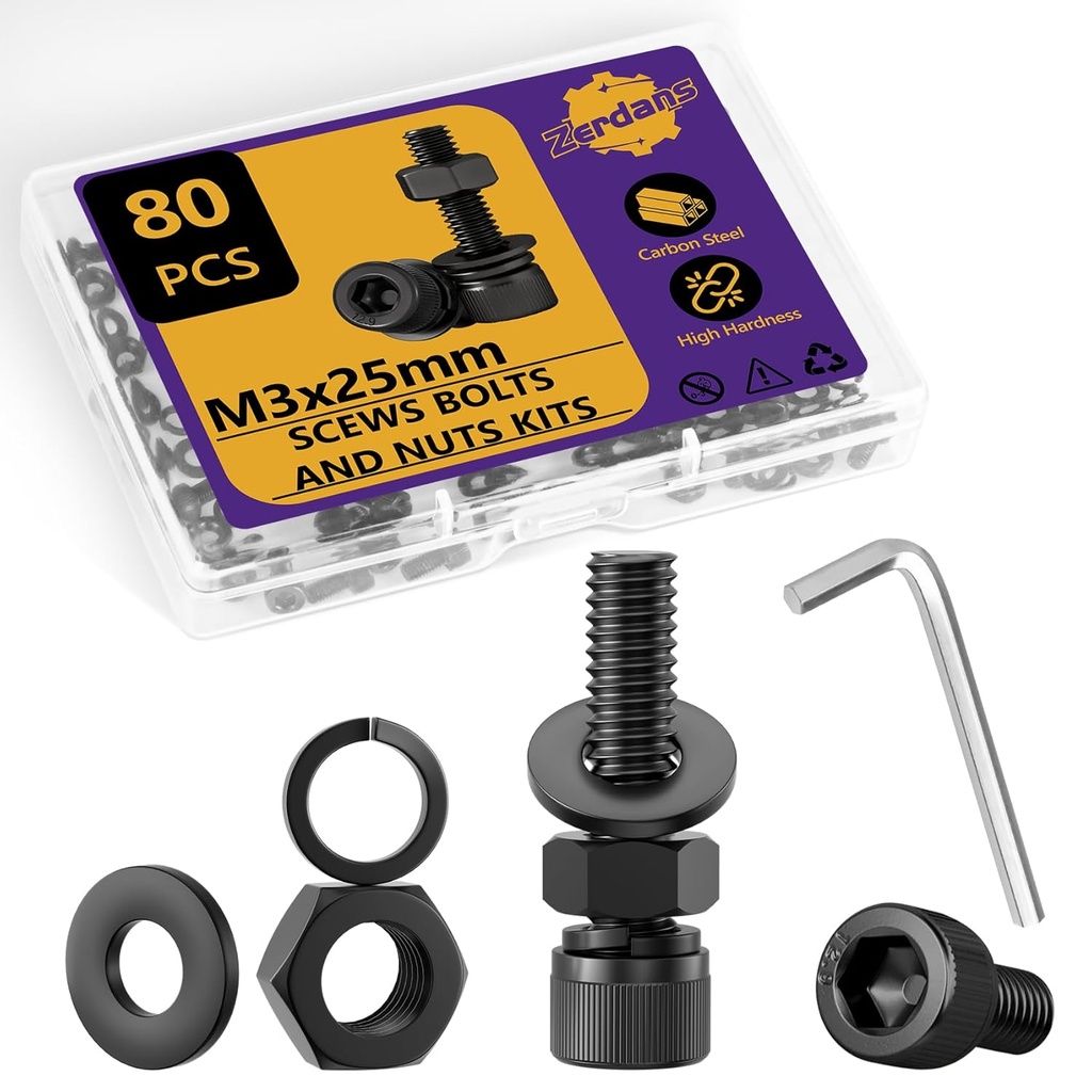 80PCS M3 Metric Screws Bolts and Nuts Assortment Kit, M3x25mm Metric Kits, 12.9 Grade Carbon Steel Hex Socket Head Cap Screws with Lock & Flat Washers Kit with 1 Allen Wrench for 3D Printing Projects