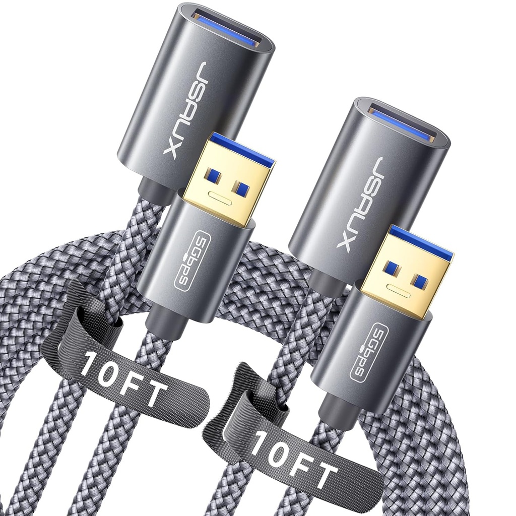JSAUX 2Pack 10FT+10FT USB 3.0 Extension Cable, Type A Male to Female USB Extender Cord Nylon Braided Compatible with Webcam, Camera, Phone, USB hub, Mouse, Keyboard, Printer, Hard Drive, Xbox-Grey