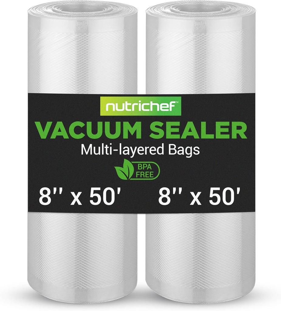 NutriChef Vacuum Sealer Bags 8x50 Rolls 2 pack Compatible with All Brands, Commercial Grade, Heavy Duty, Great for vac storage, Meal Prep or Sous Vide