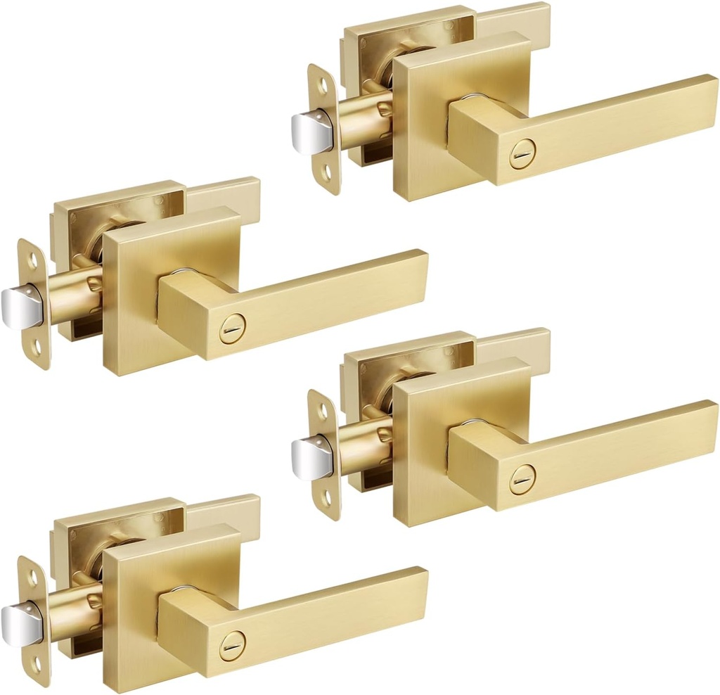 Satin Brass Door Knobs 4 Pack, Interior Door Handle for Bedroom/Bathroom, Privacy Door Handle Without Key, Modern Square Door Lever, Fit Both Left and Right Hand Doors