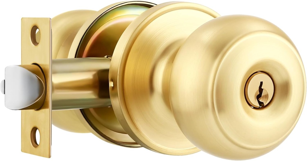1 Pack Gold Ball Door Knob, Satin Brass Round Front Door Handle Gold Entry Door Lock for Right or Left Handed Doors