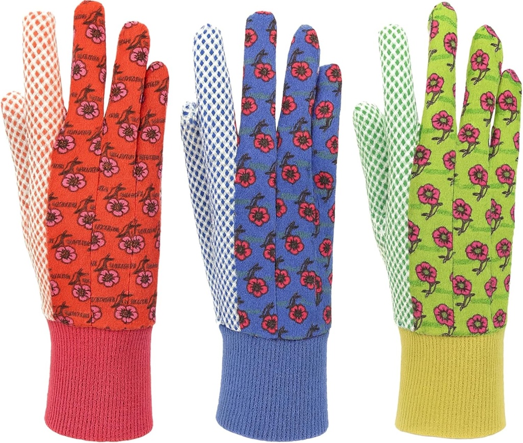 Women's Gardening Gloves, Soft Cotton Jersey, Floral Print, PVC Dot Grip, Comfortable & Durable Multi color Green, Red, Blue