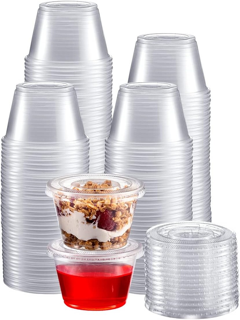 Portion Cups with Lids (4 Ounces, 200 Pack) | Disposable Plastic Cups for Meal Prep, Portion Control, Salad Dressing, & Medicine | Small Plastic Condiment Container