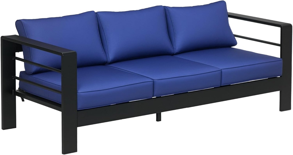 Outsunny 69" Modern Patio Furniture with Thick Padded Cushions, 3 Seater Aluminum Outdoor Sofa with Wide Armrests, Garden Seating Conversation Furniture with Back Cushions, Navy Blue