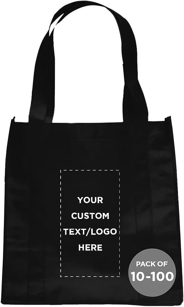 DISCOUNT PROMOS Custom Small Non-Woven Grocery Tote Bags Set of 10/50/100, Personalized Bulk Pack - Reusable Grocery Tote Bag for Shopping - Black - 12.625"X13"X8.75"