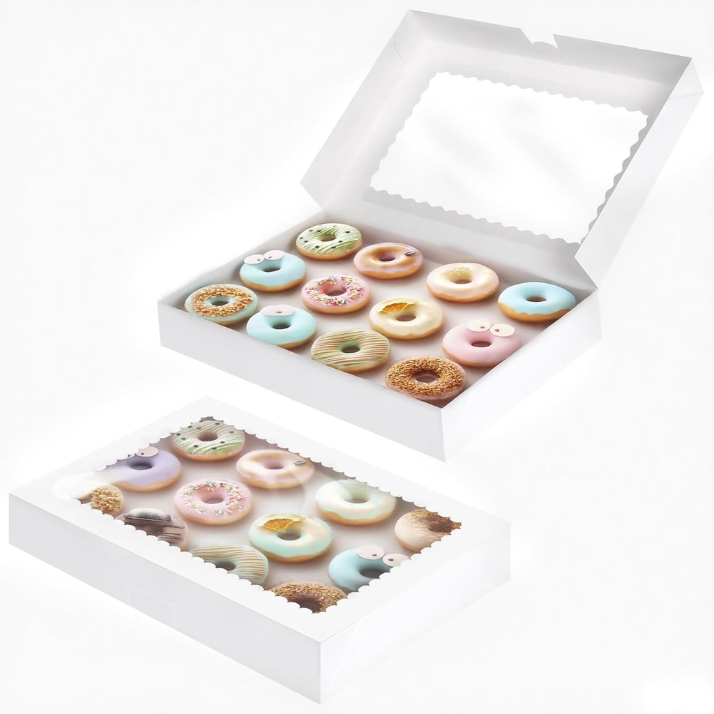 40pcs Bakery Boxes with Window, 16x11x2.5 Inches, Donut Boxes, White Cookie Boxes for Chocolate Covered Strawberries, Macaroon, Donuts, Pies, Cookies