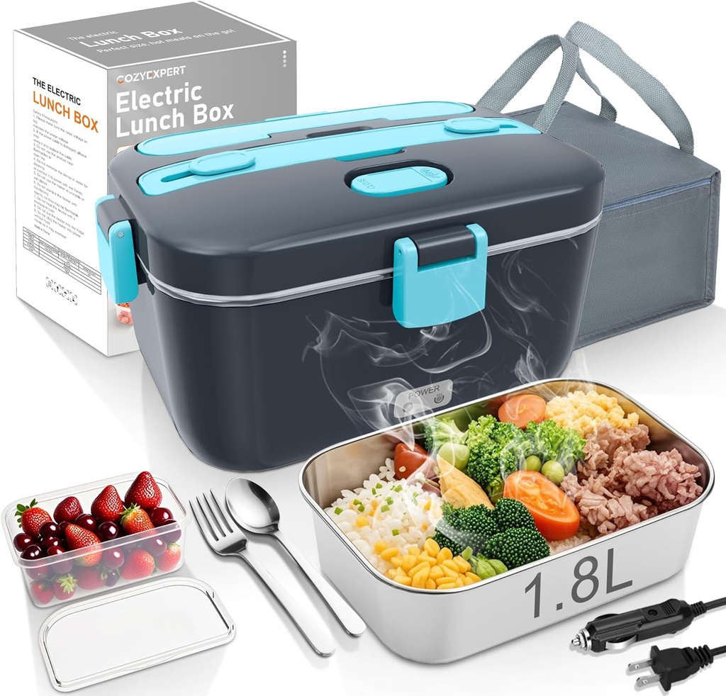 Electric-Lunch-Box-Heated-Food-Warmer 100W Heating Lunchbox for Adults 1.8L Portable Food Heater for Work/Car, 12V/24V/110-230V Lonchera Eléctrica Portátil with Fork Spoon (Gray+Blue)
