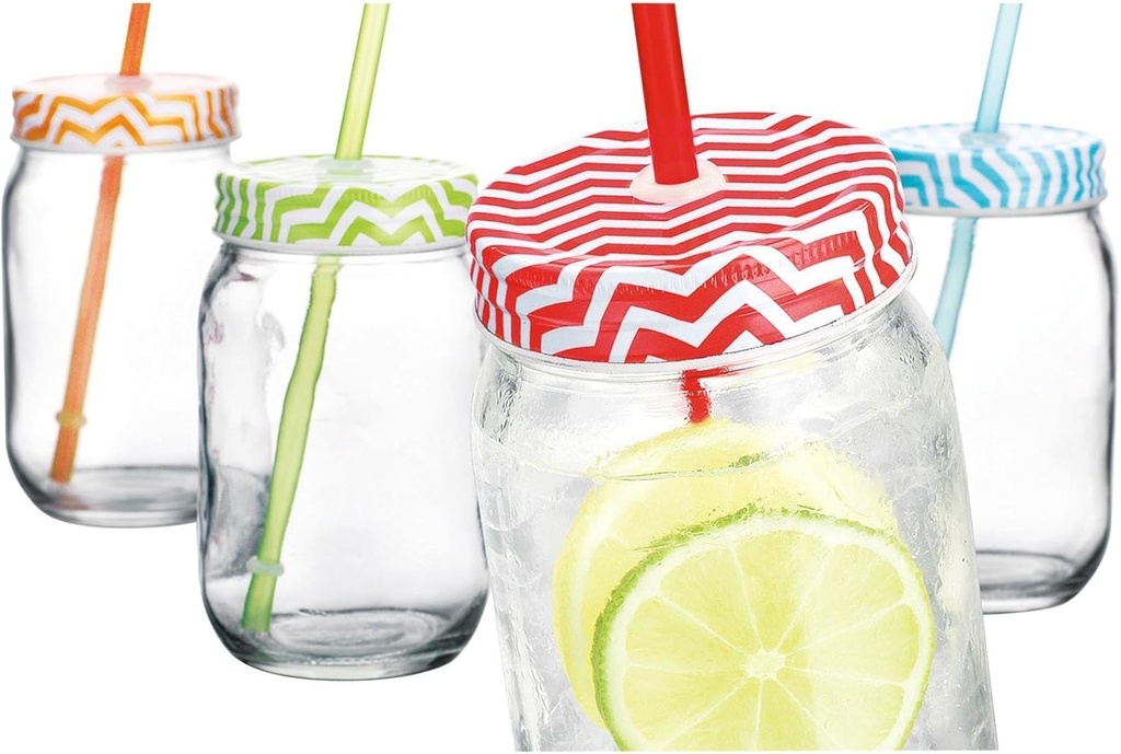 Home Essentials Chevron 16oz Mason Jars w/Straw, Set of 4