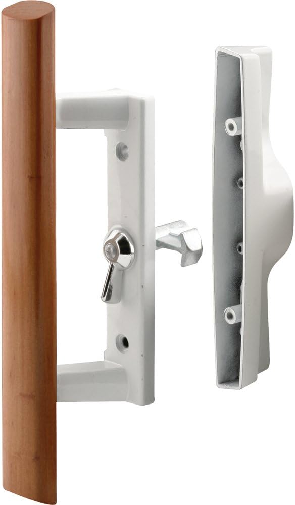 9" Sliding Patio Door Internal Style Door Handle Set with 3-1/2 in. Hole Spacing, White Diecast with Wood Handle