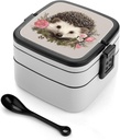 Adult Double-Layer Bento Box Hedgehog in Floral Wreath Portable Lunch Box with Spoon And Invisible Handle Leakproof Microwave-Safe Food Container for Work Travel Camping