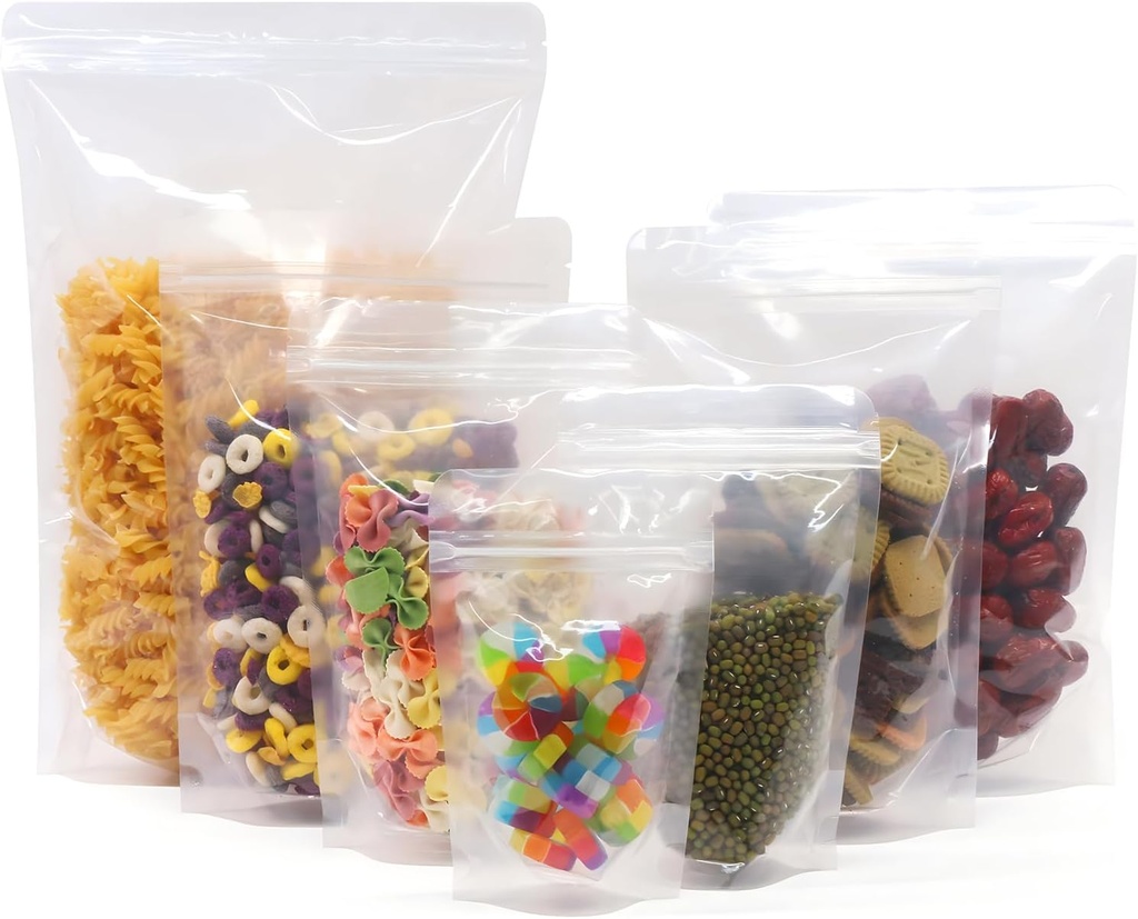 SumDirect 100pcs 5.5x9 Inches Clear Stand Up Food Bags, Zipper Stand-up Reusable Sealing Food Pouches Snack Packing Bag with Tear Notch Heat Resealable for Storing, Cookie, Snack Tea and Drinking