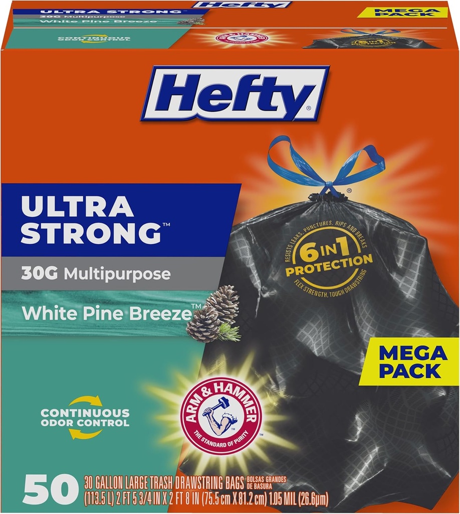 Hefty Ultra Strong 30 Gallon Trash Bags, Large Trash Bags 30 Gallon Size, Multipurpose, Break Resistant Drawstring Closure, Resists Leaks, Punctures, and Tears, Black, White Pine Breeze Scent, 50 Bags