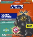 Hefty Ultra Strong 30 Gallon Trash Bags, Large Trash Bags 30 Gallon Size, Multipurpose, Break Resistant Drawstring Closure, Resists Leaks, Punctures, and Tears, Black, White Pine Breeze Scent, 50 Bags
