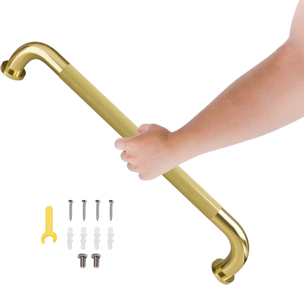 24 Inch Shower Grab Bar, Brushed Gold Bathroom Grab Bar Handle with Anti-Slip Knurled Grip, Stainless Steel Bath Balance Bar, 1.25" Diameter Bath Safety Bar Support for Seniors Elderly Pregnant
