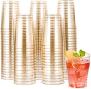 JOLLY CHEF 100 Pack 10 oz Gold Plastic Cups, Disposable Gold Glitter Cups, Clear Plastic Tumblers Perfect for Weddings, Christmas & Parties