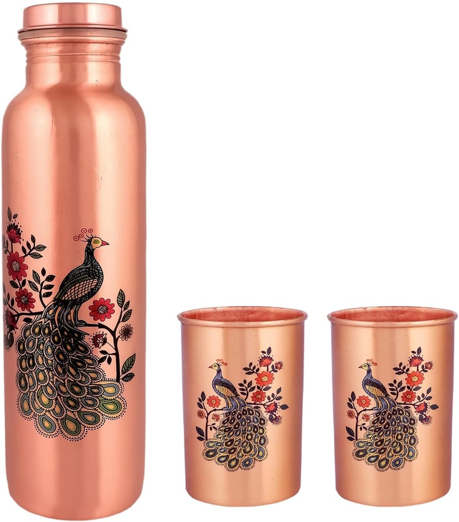 100% Pure Copper Peacock Printed Copper Bottel With Set of Two Tumbler Glass Set