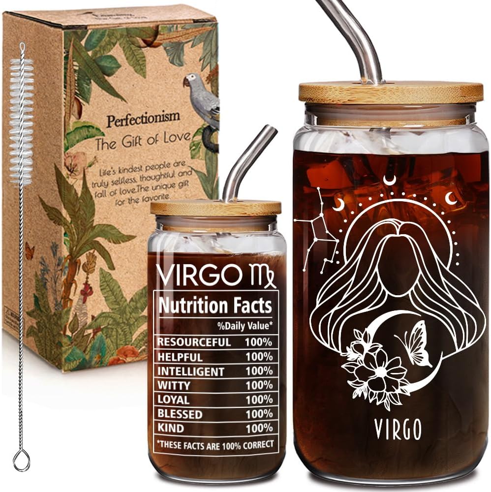 Virgo Zodiac Beer 16oz Can Glass Cup Constellation Christmas Gift for August September Birthday Girls Friend Sister, Virgo Constellation Sign Star Drinking Jar for 12 Astrology Lovers with Gift Box